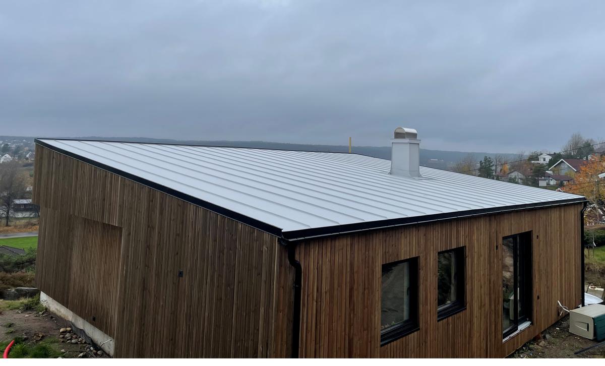 Moderne hus i mørkt tre med båndtekket ståltak